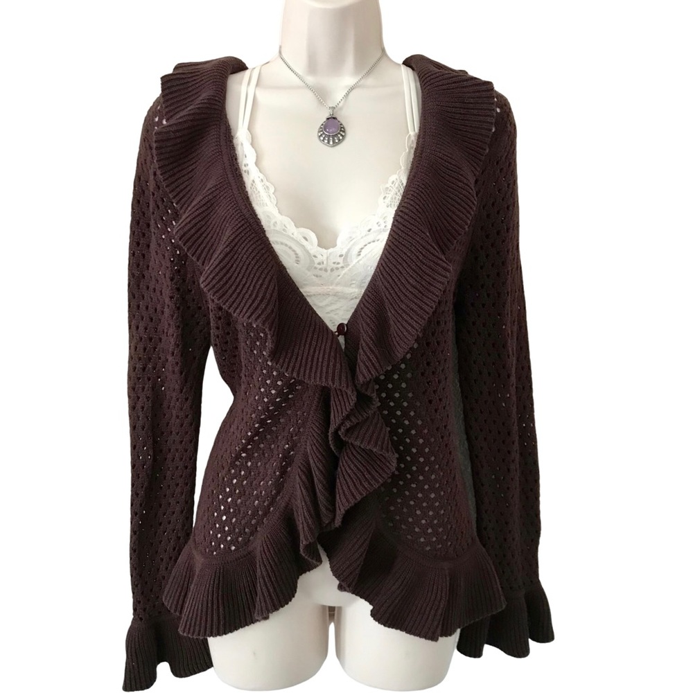 90’s Vintage Style Brown Ruffle Cardigan Boho Fairy Grunge Knit Duster Medium
